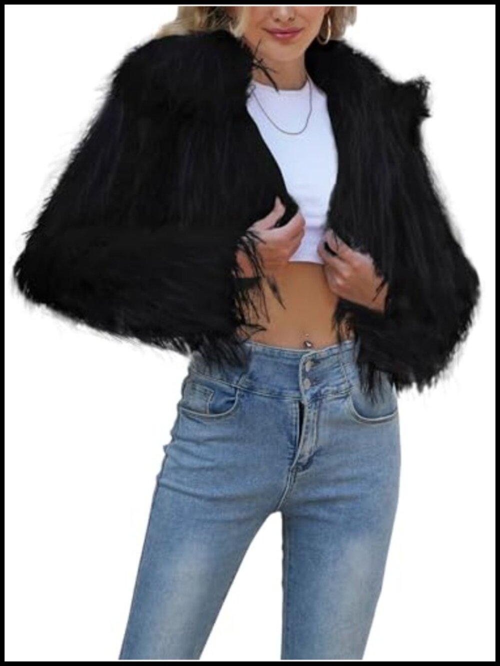 Womens Faux Fur Cropped Jacket Fluffy Shaggy Short Coat Button